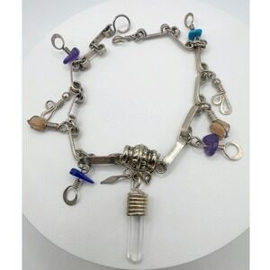 Silver Tone Artisan Charm Bracelet Wire Wrapped Stones Quartz Point‎ 8.5"